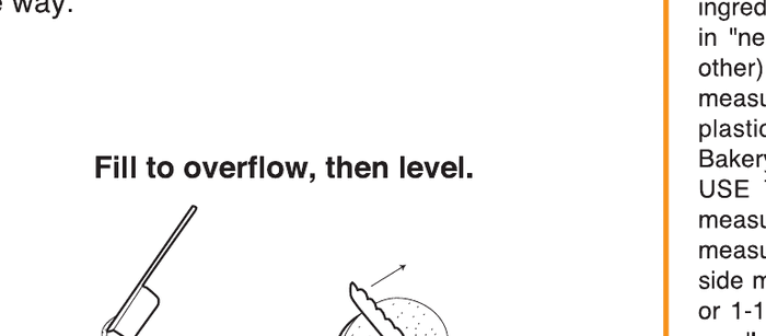 Two diagrams: spooning a dry ingredient into a cup until it overflows, then sweeping the excess off level with the back of a knife.
