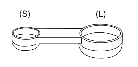 The double-ended measuring spoon, with the small (S) side measuring one teaspoon and the large (L) side measuring one tablespoon.